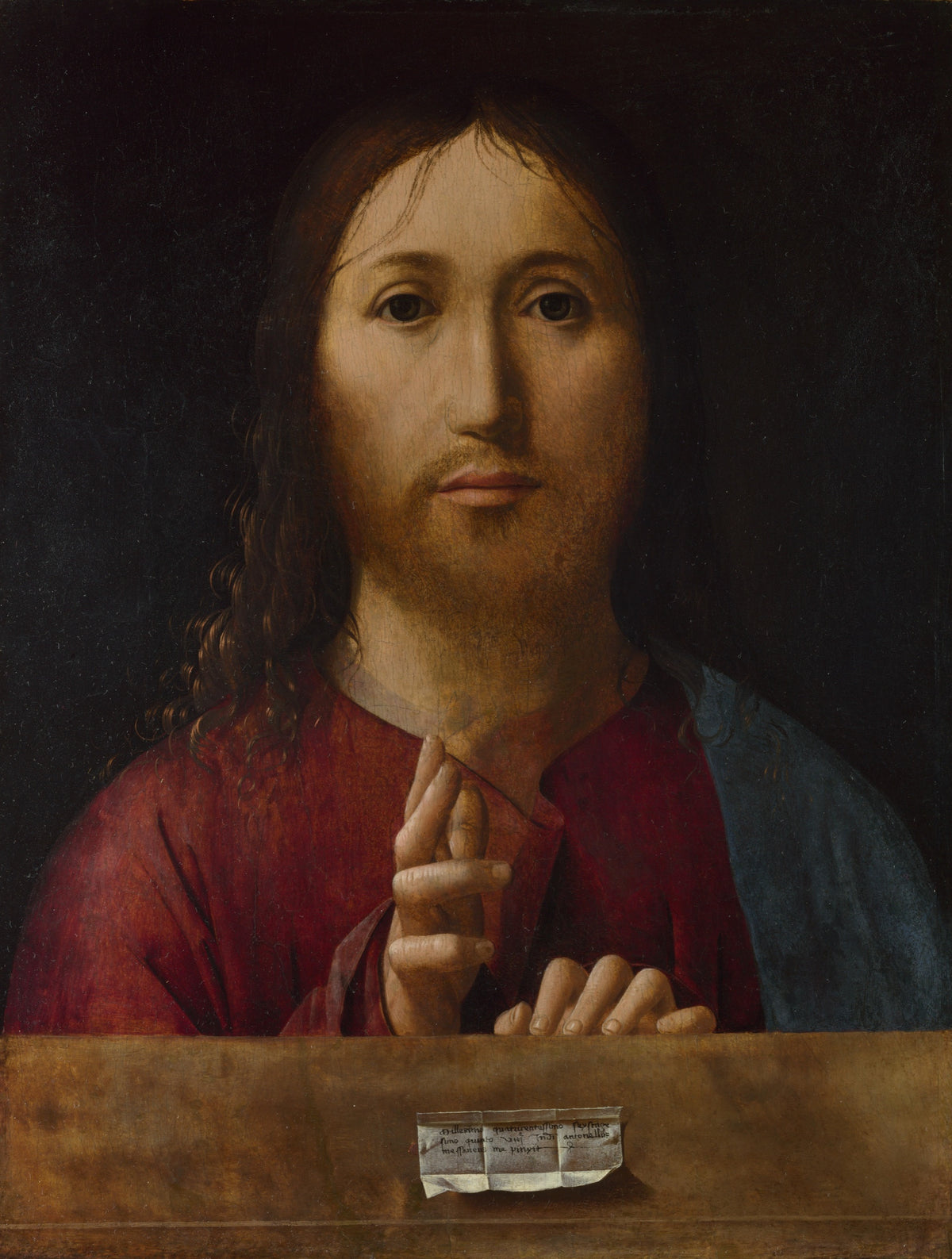 Christ Blessing by Antonello da Messina: Christ with long curly hair in red and blue, raising his right hand behind a parapet