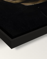 Il Condottiere framed canvas, corner close-up: the canvas in a slim black floating frame, its painted edge in the shadow gap