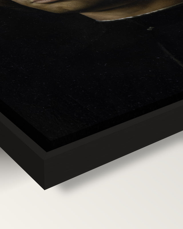 Il Condottiere framed canvas, corner close-up: the canvas in a slim black floating frame, its painted edge in the shadow gap