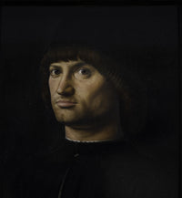 Il Condottiere by Antonello da Messina: a man in a black cap and coat, with a scar on his lip, looks straight at us