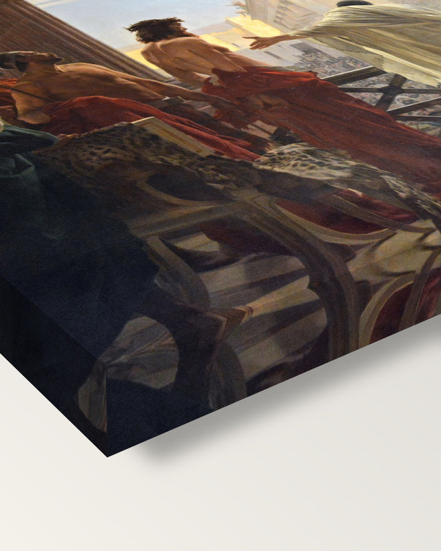 Ecce Homo by Antonio Ciseri on stretched canvas, corner close-up: the painting mirror-wrapped round the sides