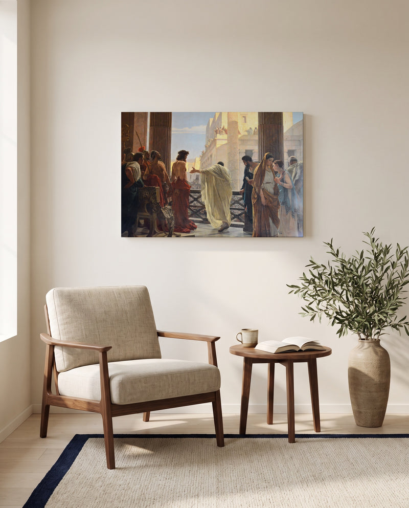 Ecce Homo by Antonio Ciseri as a stretched canvas above a linen lounge chair in a reading corner