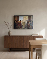 Ecce Homo by Antonio Ciseri in a black frame above a walnut sideboard in a dining room