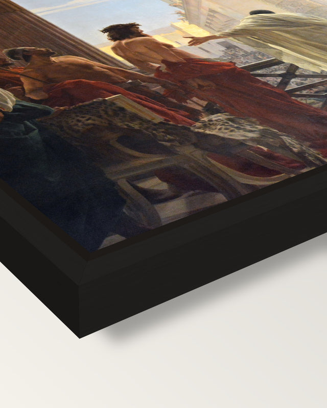 Ecce Homo by Antonio Ciseri framed canvas, corner close-up: a black floating frame with a shadow gap round the canvas