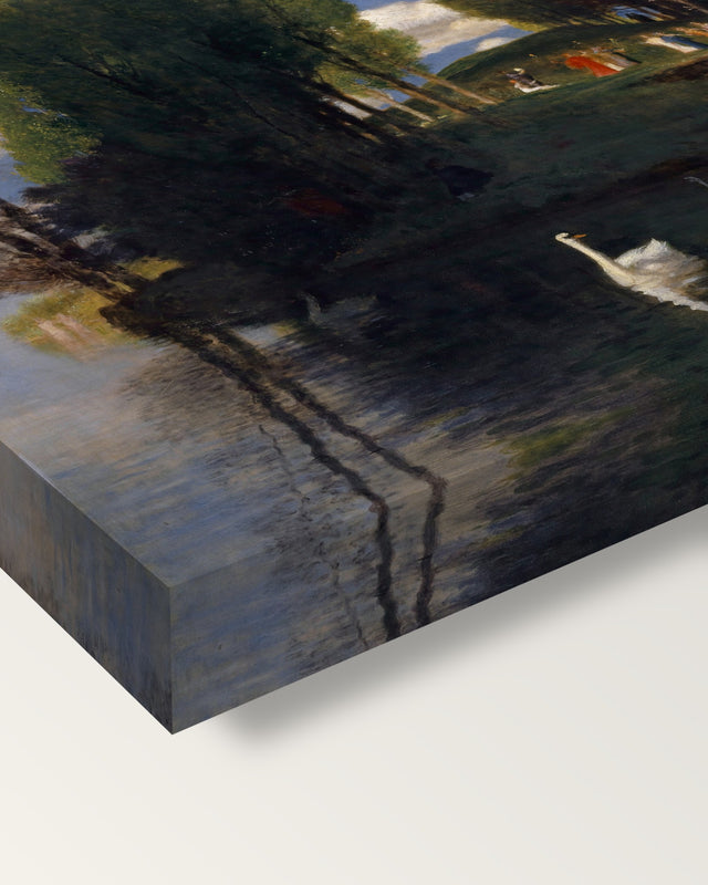 Isle of Life by Arnold Böcklin on stretched canvas, corner close-up: the painting mirror-wrapped round the sides