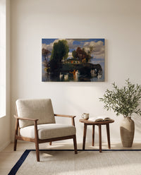 Isle of Life by Arnold Böcklin as a stretched canvas above a linen lounge chair in a reading corner