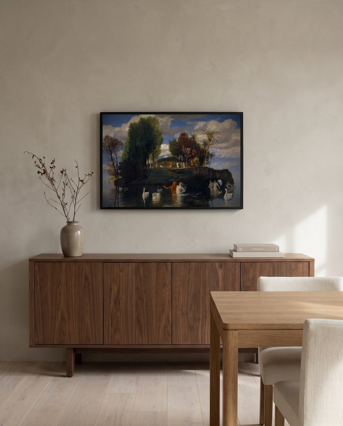 Isle of Life by Arnold Böcklin in a black frame above a walnut sideboard in a dining room