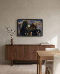 Isle of Life by Arnold Böcklin in a black frame above a walnut sideboard in a dining room