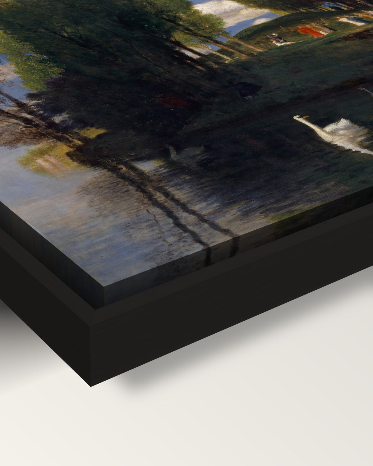 Isle of Life framed canvas, corner close-up: the canvas in a slim black floating frame, its painted edge in the shadow gap