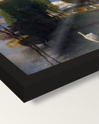 Isle of Life by Arnold Böcklin framed print, corner close-up: black moulding, edge to edge under plexiglass, no mat