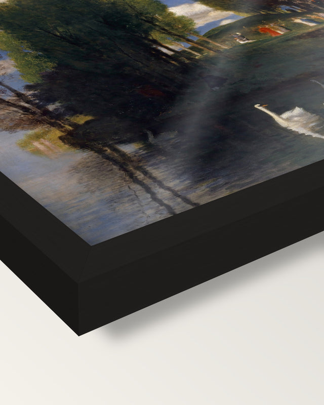Isle of Life by Arnold Böcklin framed print, corner close-up: black moulding, edge to edge under plexiglass, no mat