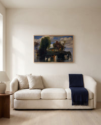 Isle of Life by Arnold Böcklin framed in natural oak above a cream sofa in a warm living room