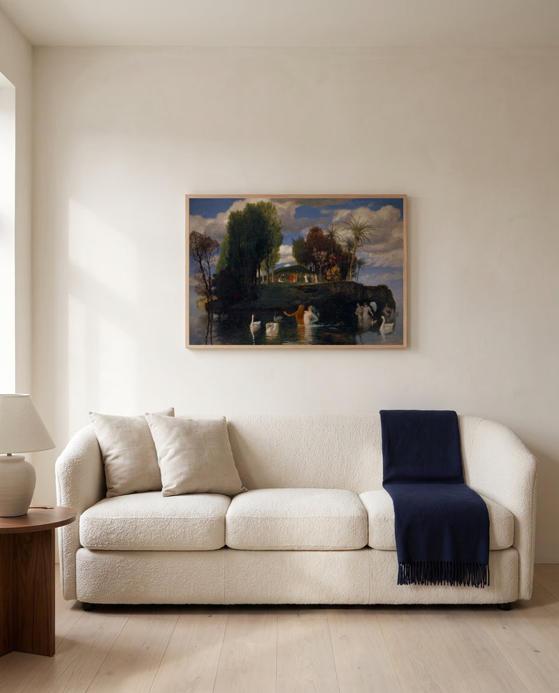 Isle of Life by Arnold Böcklin framed in natural oak above a cream sofa in a warm living room
