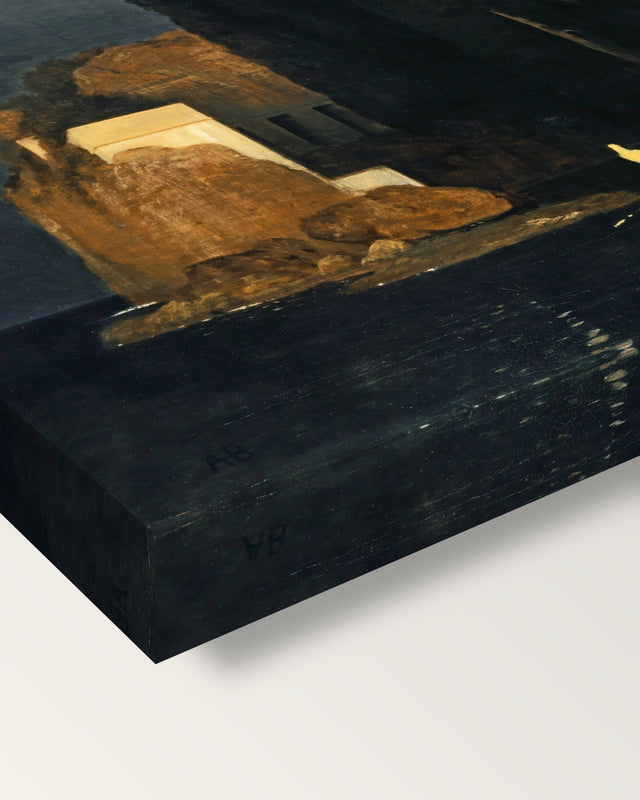 Isle of the Dead (Basel) by Arnold Böcklin on stretched canvas, corner close-up: the painting mirror-wrapped round the sides