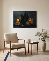 Isle of the Dead (Basel) by Arnold Böcklin as a stretched canvas above a linen lounge chair in a reading corner