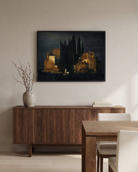 Isle of the Dead (Basel) by Arnold Böcklin in a black frame above a walnut sideboard in a dining room