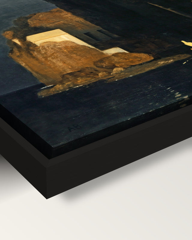 Isle of the Dead (Basel) by Böcklin framed canvas, corner close-up: black floating frame, painted edge in the shadow gap
