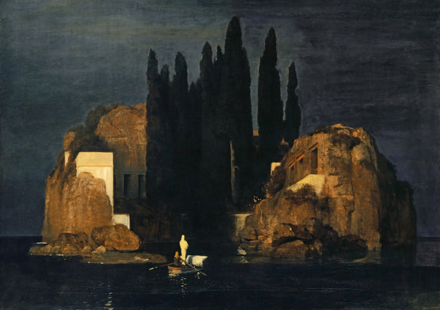 Isle of the Dead by Arnold Böcklin, Basel version: a rowing boat with a white figure and coffin nears a rocky cypress island