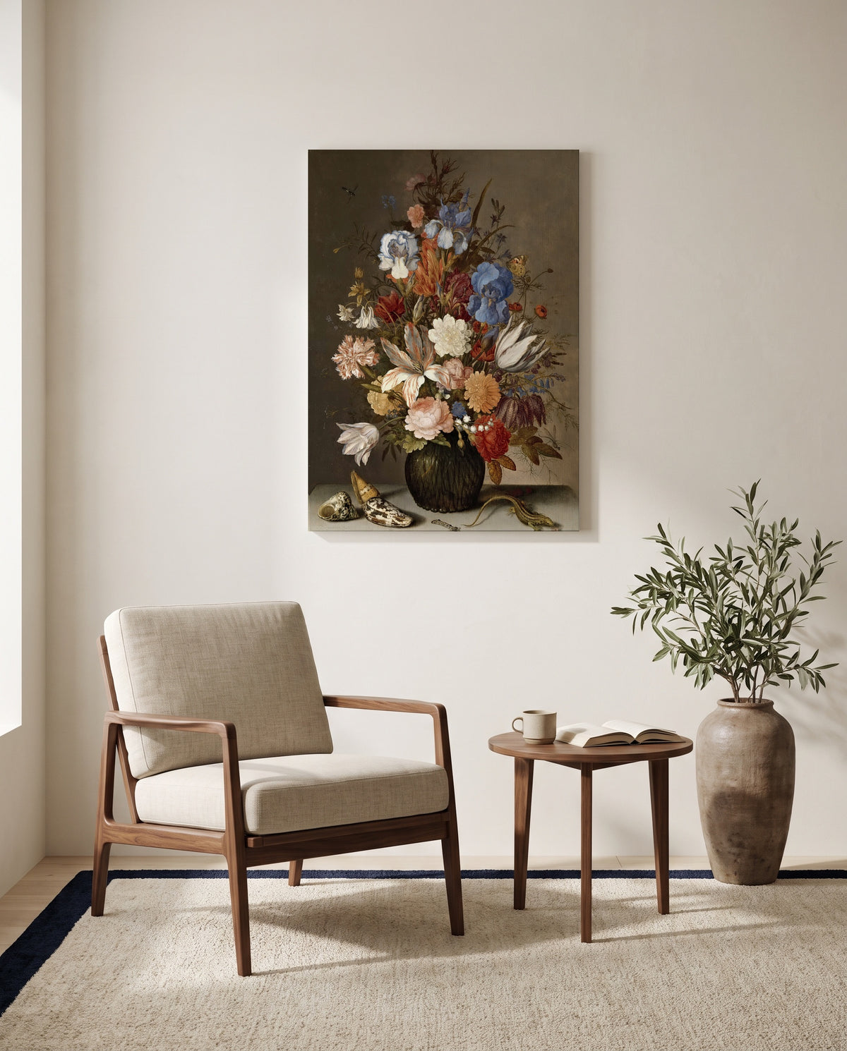 Still Life with Flowers by Balthasar van der Ast as a stretched canvas above a linen lounge chair in a reading corner