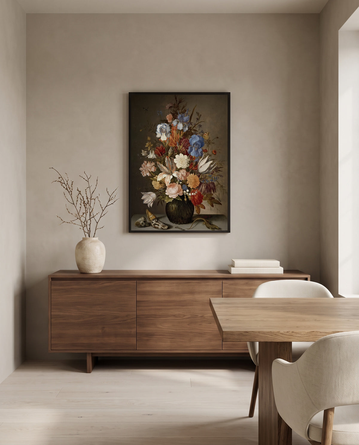 Still Life with Flowers by Balthasar van der Ast in a black frame above a walnut sideboard in a dining room
