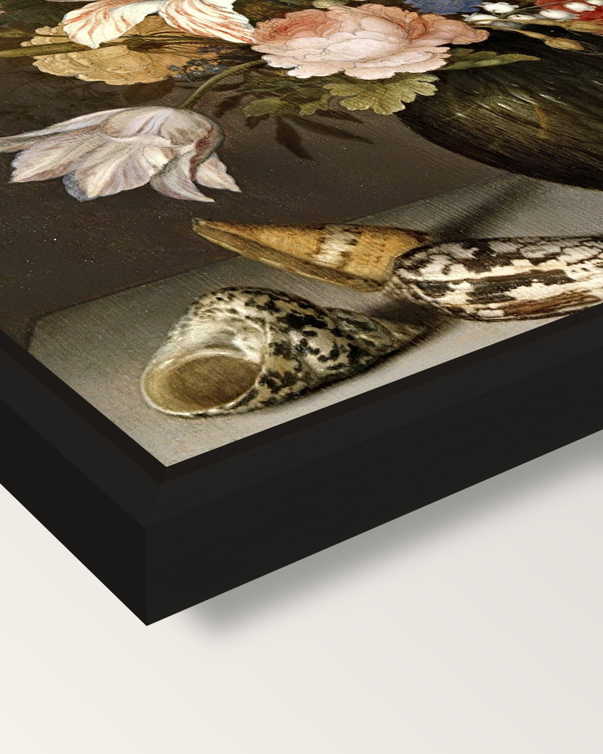 Still Life with Flowers (1625) framed canvas, corner close-up: a black floating frame with a shadow gap round the canvas