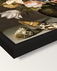 Still Life with Flowers (1625) framed canvas, corner close-up: a black floating frame with a shadow gap round the canvas