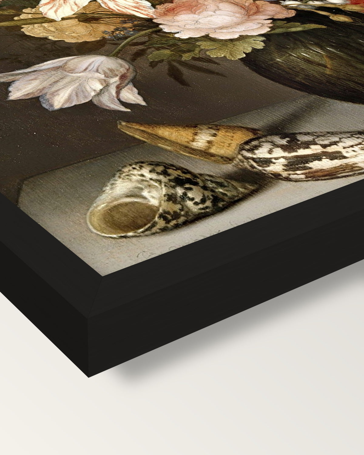 Still Life with Flowers (1625) framed print, corner close-up: black moulding, mitred, the print set just below its edge