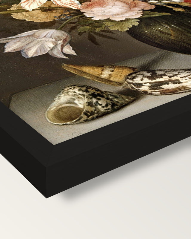 Still Life with Flowers (1625) framed print, corner close-up: black moulding, mitred, the print set just below its edge