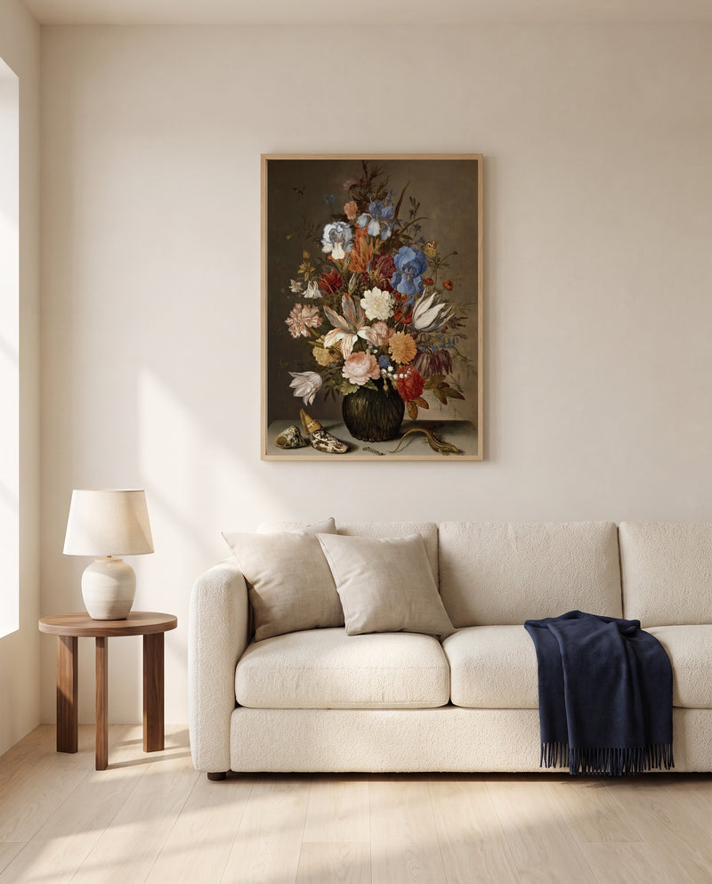 Still Life with Flowers by Balthasar van der Ast framed in natural oak above a cream sofa in a warm living room