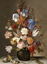 Still Life with Flowers by Balthasar van der Ast: irises, tulips and roses in a dark vase, shells and a lizard on a ledge