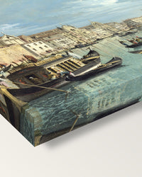 Grand Canal, Santa Croce by Bellotto on stretched canvas, corner close-up: the painting mirror-wrapped round the sides