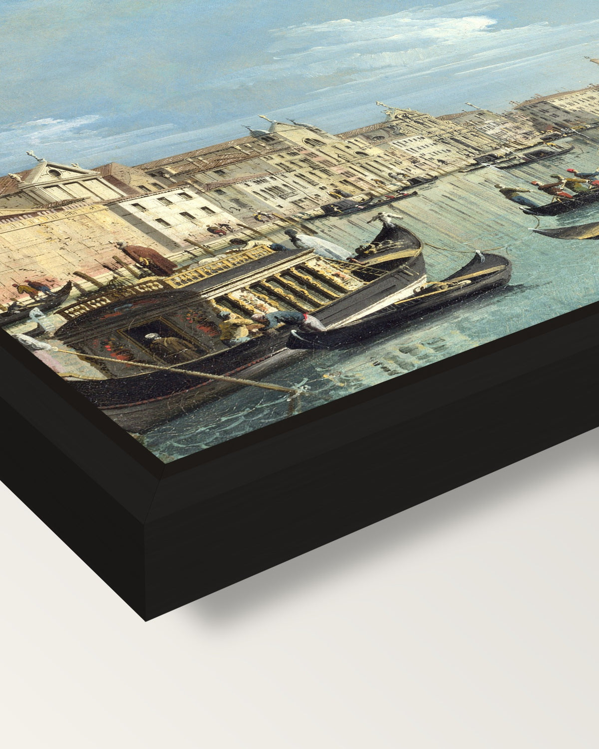 Grand Canal, Santa Croce framed canvas, corner close-up: a black floating frame with a shadow gap round the canvas