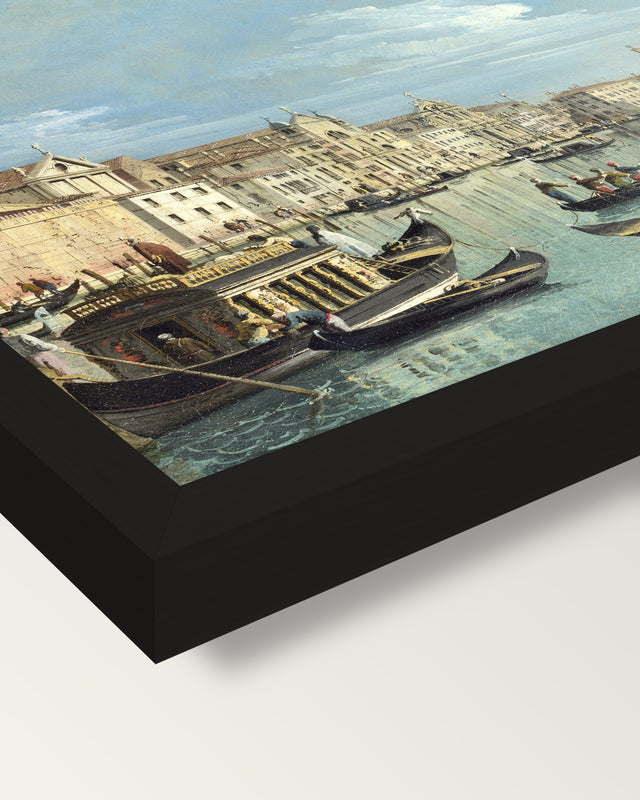 Grand Canal, Santa Croce by Bellotto framed print, corner close-up: black moulding, mitred, the print set just below its edge