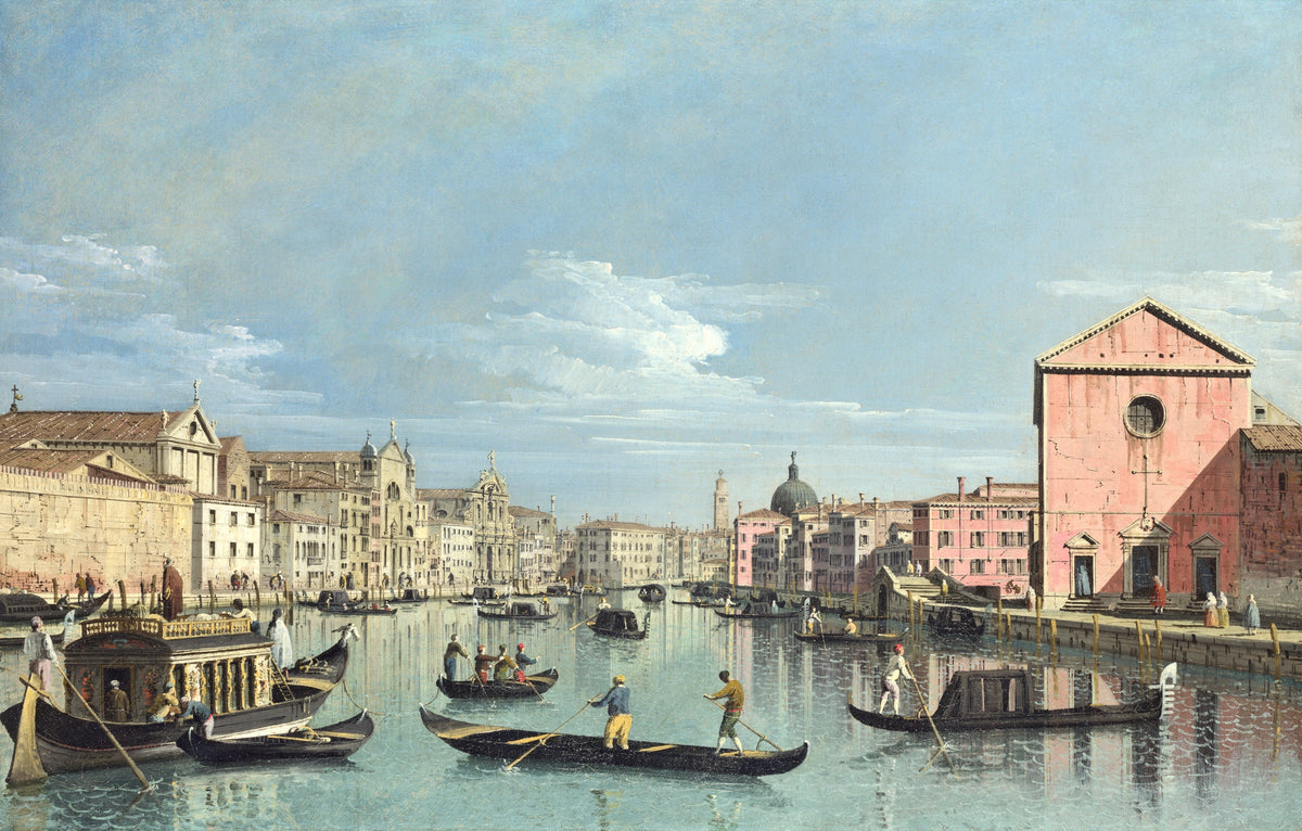 Venice: The Grand Canal facing Santa Croce by Bellotto: gondolas and a barge on turquoise water before a pink church