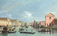 Venice: The Grand Canal facing Santa Croce by Bellotto: gondolas and a barge on turquoise water before a pink church