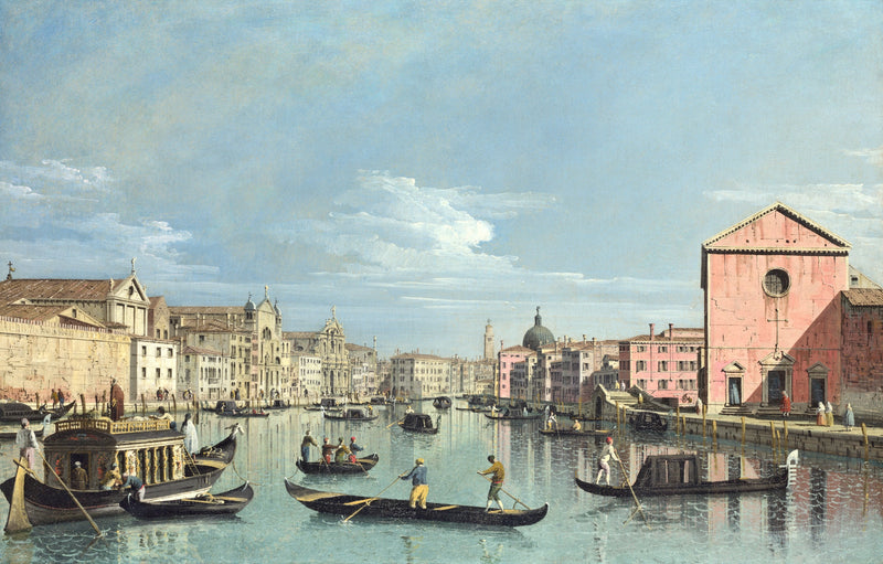 Venice: The Grand Canal facing Santa Croce by Bellotto: gondolas and a barge on turquoise water before a pink church
