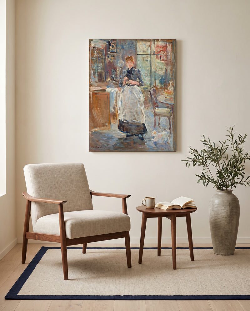 In the Dining Room by Berthe Morisot as a stretched canvas above a linen lounge chair in a reading corner