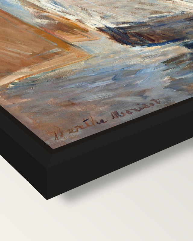 In the Dining Room by Morisot framed canvas, corner close-up: a black floating frame with a shadow gap round the canvas