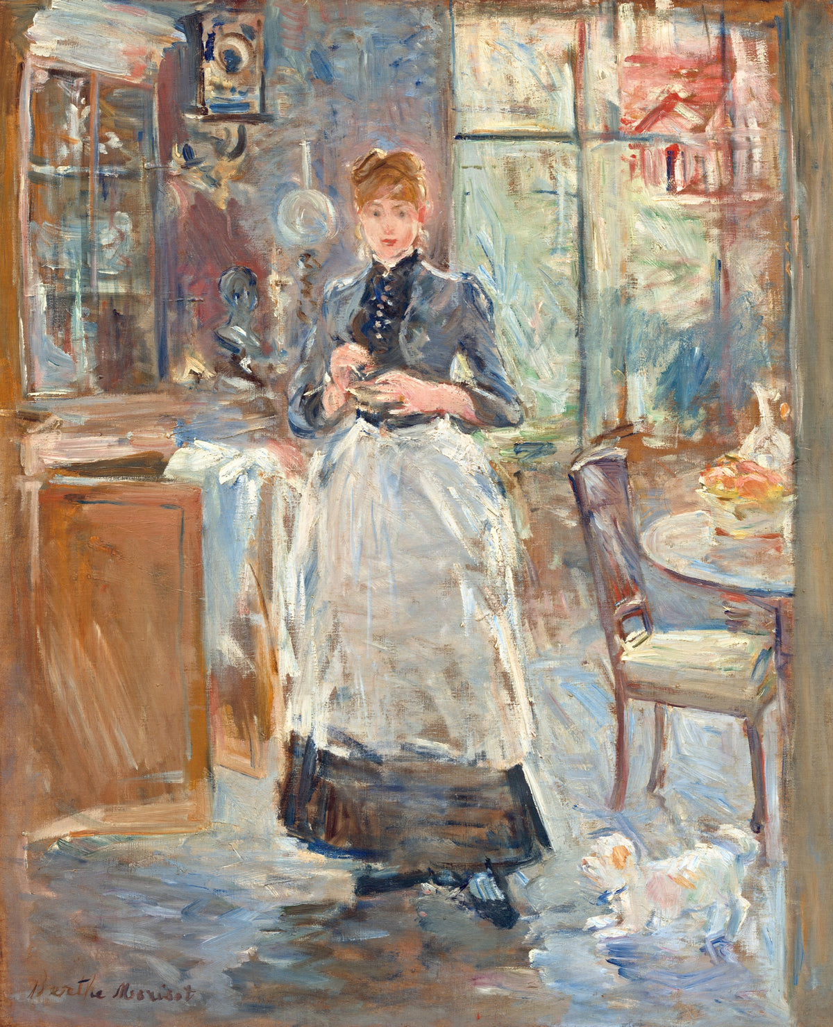 In the Dining Room by Berthe Morisot: a young maid in a white apron standing in a sunlit dining room, a small dog at her feet