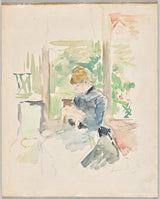 Sewing near the Window by Berthe Morisot: a watercolour of a woman sewing beside a window full of green leaves