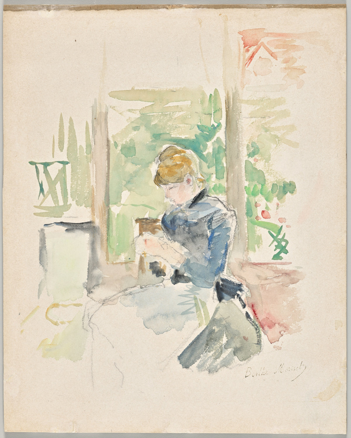 Sewing near the Window by Berthe Morisot: a watercolour of a woman sewing beside a window full of green leaves