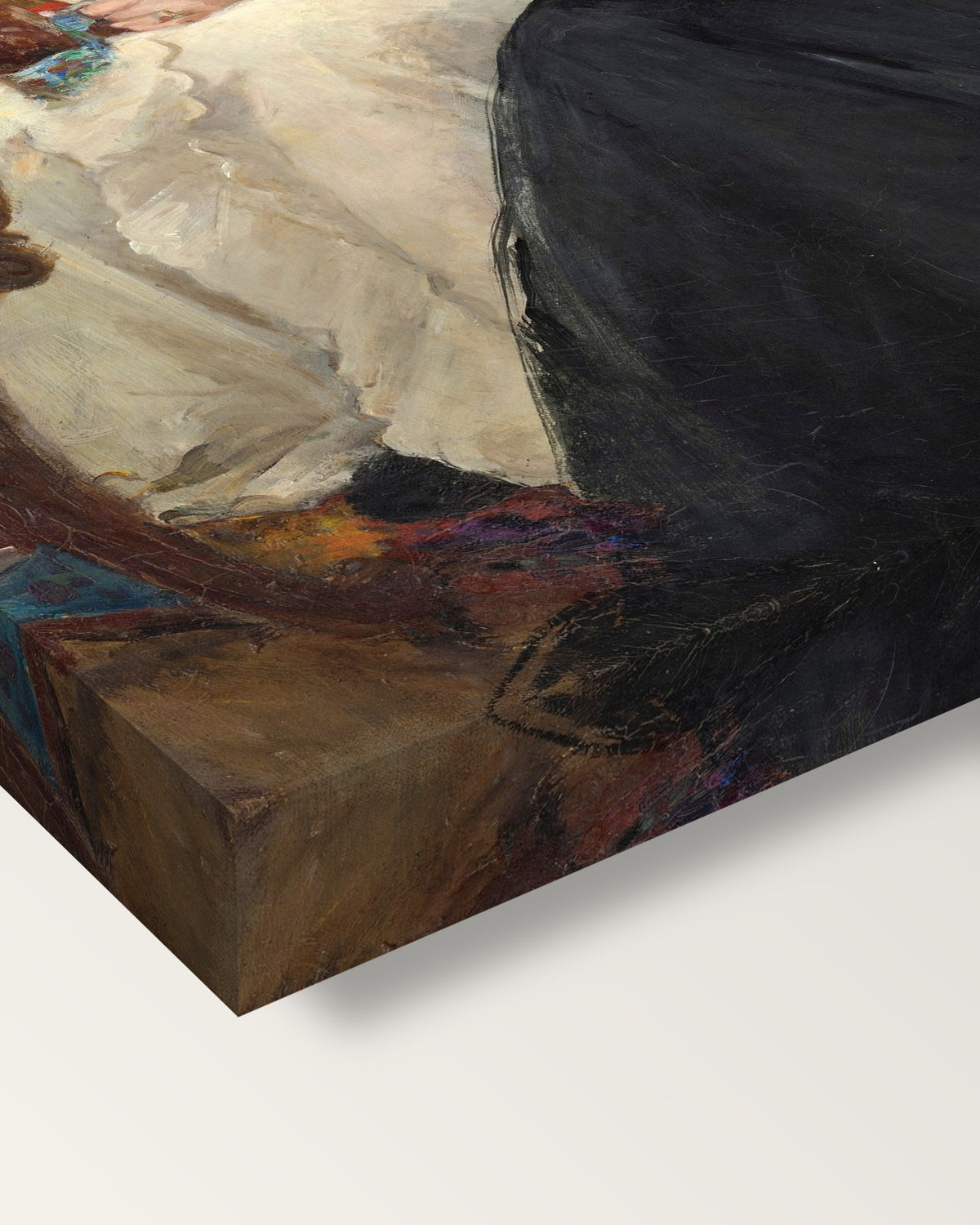 Mother and Sister by Berthe Morisot on stretched canvas, corner close-up: the painting mirror-wrapped round the sides