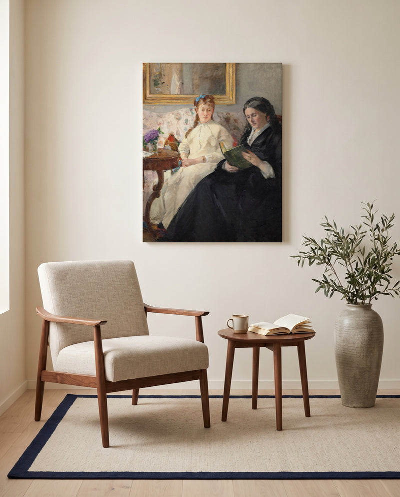 Mother and Sister by Berthe Morisot as a stretched canvas above a linen lounge chair in a reading corner