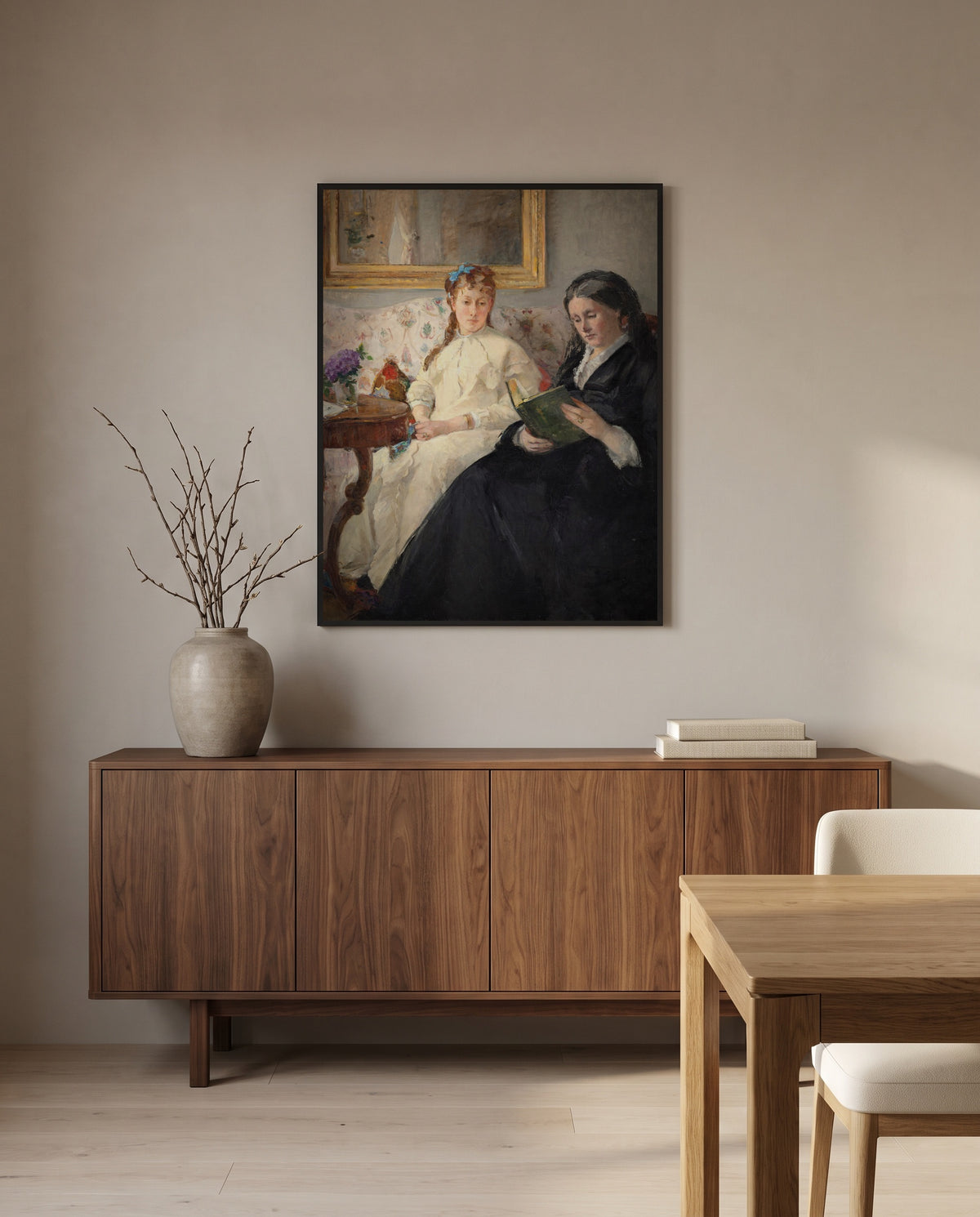 Mother and Sister by Berthe Morisot in a black frame above a walnut sideboard in a dining room