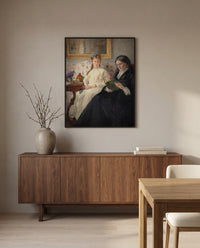 Mother and Sister by Berthe Morisot in a black frame above a walnut sideboard in a dining room