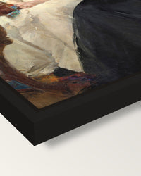Mother and Sister by Berthe Morisot framed canvas, corner close-up: a black floating frame with a shadow gap round the canvas