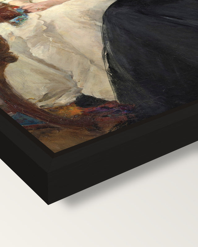 Mother and Sister by Berthe Morisot framed canvas, corner close-up: a black floating frame with a shadow gap round the canvas