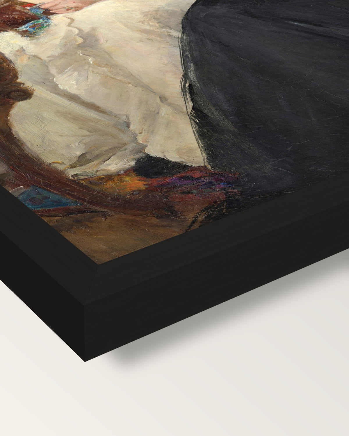 Mother and Sister by Berthe Morisot framed print, corner close-up: black moulding, mitred, the print set just below its edge