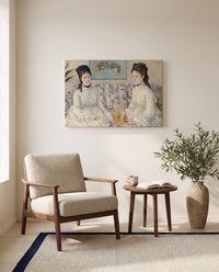 The Sisters by Berthe Morisot as a stretched canvas above a linen lounge chair in a reading corner