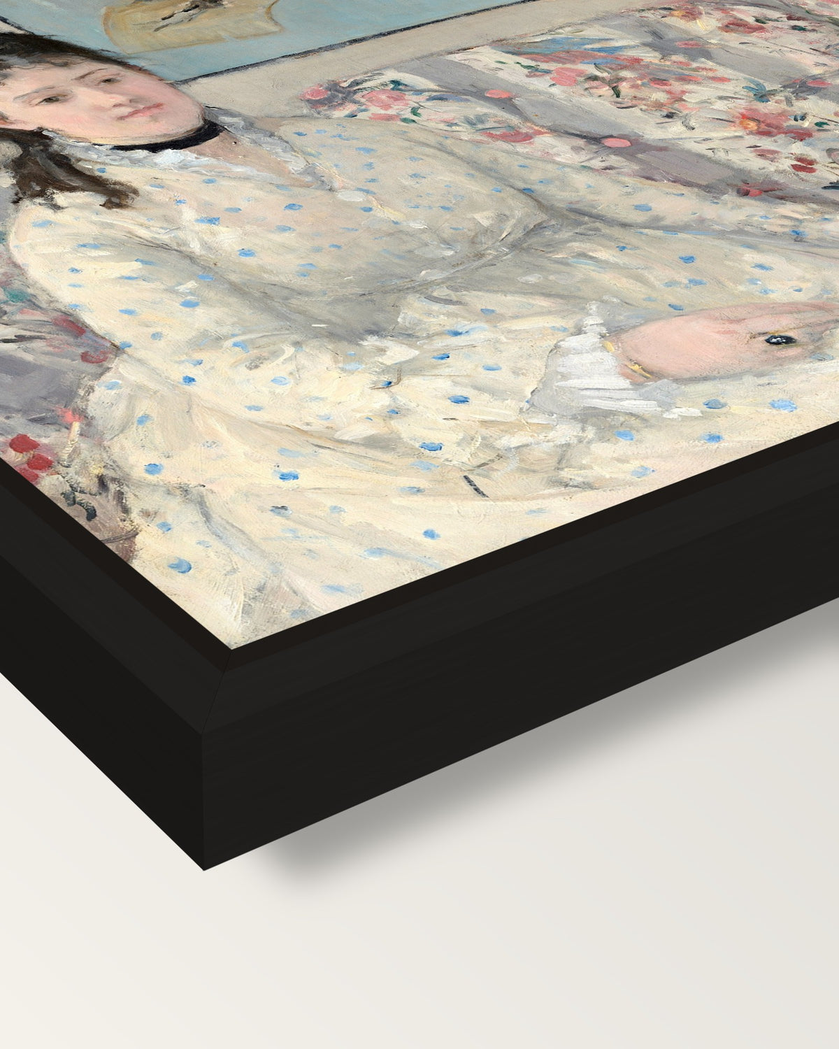 The Sisters by Berthe Morisot framed canvas, corner close-up: a black floating frame with a shadow gap round the canvas